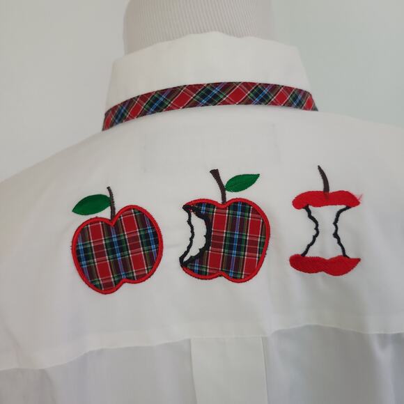Karen Scott Teacher Button Front Shirt Apple Embroidery Plaid Trim Women Small - Picture 8 of 13